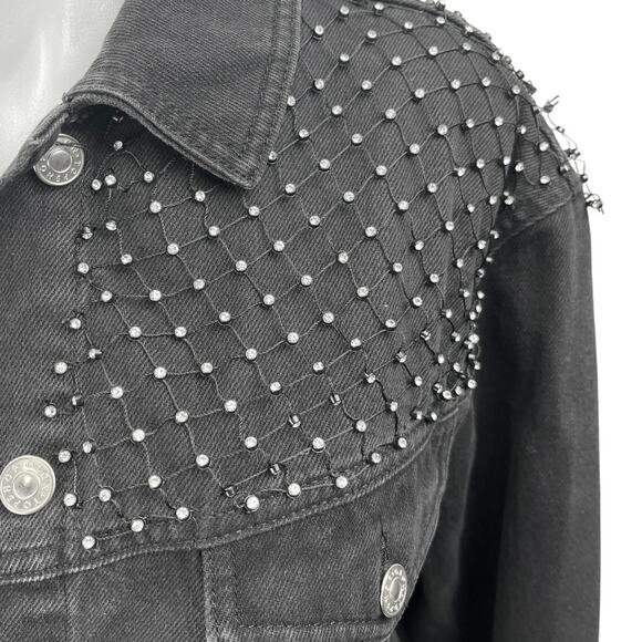 Topshop Black Rhinestone Embellished Button Denim Jeans Moto Coat Jacket Size 10 - Picture 4 of 6